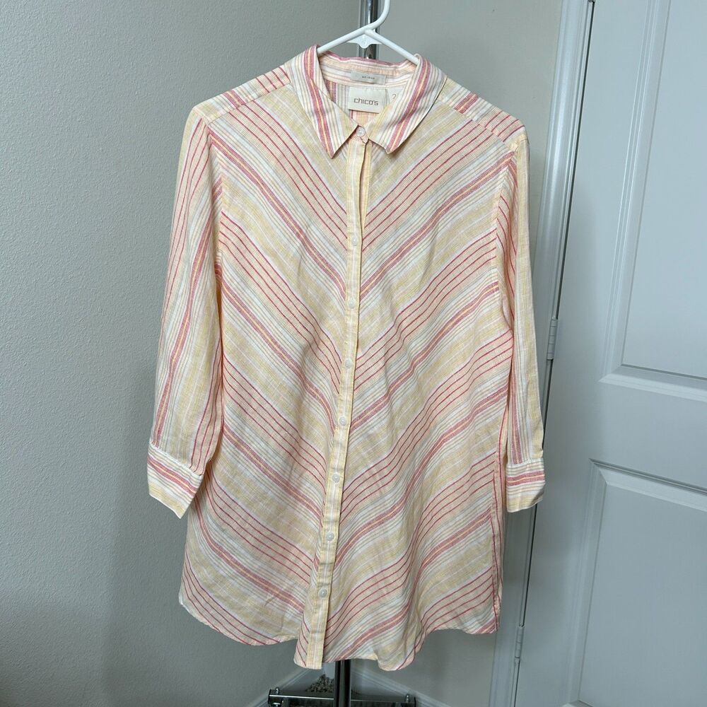 Chicos Shirt Womens 2.5 Large 14 Multi Stripe Linen Button Back Coastal No-Iron